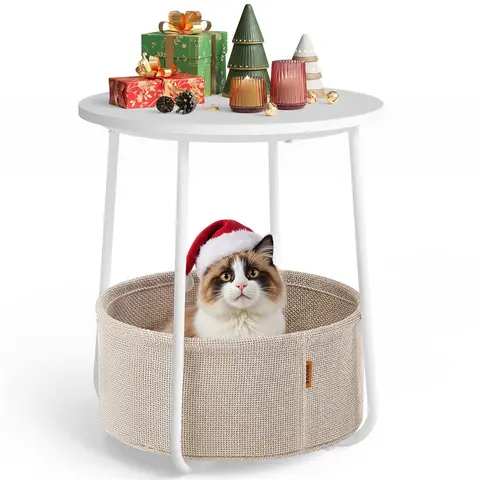 VASAGLE Side Table Round with Storage Basket White/Beige