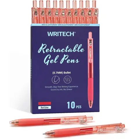 WRITECH Retractable Gel Ink Pens: 0.7mm Medium Point Red-Ink Color Pen for Journaling Smooth Writing Fine Tip Quick-dry Ink No Bleed Set 10ct