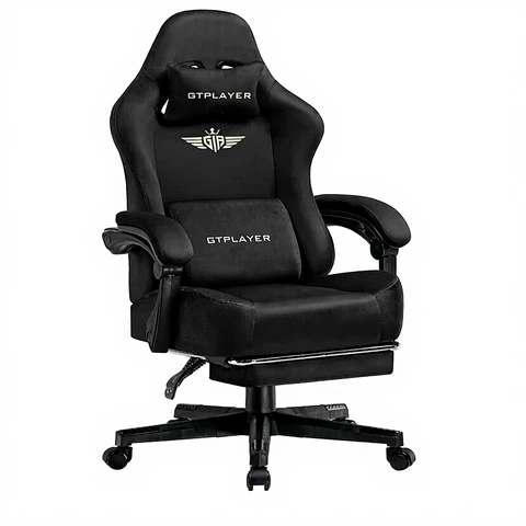 Chaise Gaming/Bureau Ergonomique en Tissu Doux avec Repose-Pieds, Dossier Réglable en Hauteur, Noir