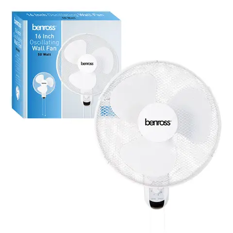 Benross 16-Inch Oscillating Wall Fan – 3 Speeds, Pull Cord Control, Tilt Adjustment – White, 43820
