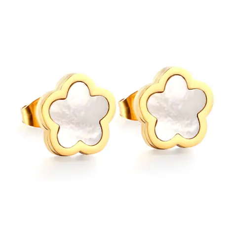 Gold Plated Flower Stud Earrings with White Shell – Mother of Pearl Peach Blossom Inlay, Sweet Floral Jewelry