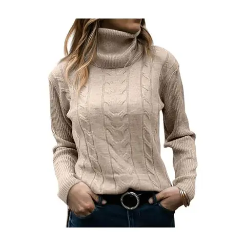 Women Turtleneck Sweater Long Sleeve Soft Cable Knit Winter Pullover (beige, XL)