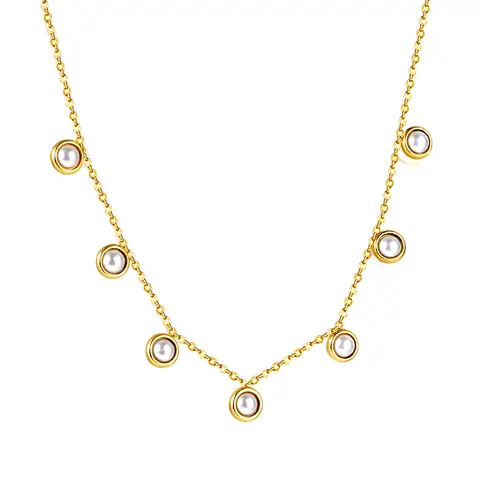 18K PVD Gold Stainless Steel Half-Pearl Station Necklace, 40+5cm Dainty Beaded Choker