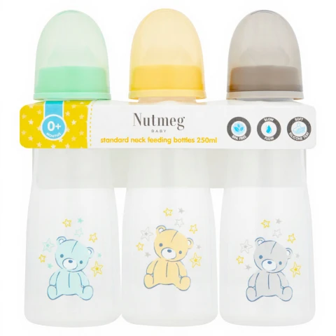 Nutmeg Baby Standard Neck Feeding Bottles 0+ Months 250ml 3 Pack 