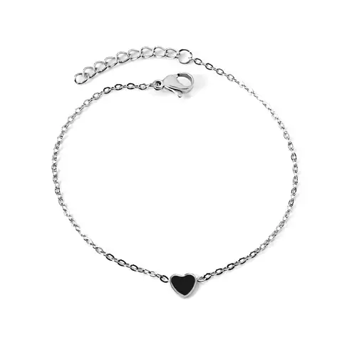 Minimalist Black Heart Charm Bracelet, Polished Stainless Steel, 17+3cm Silver Tone