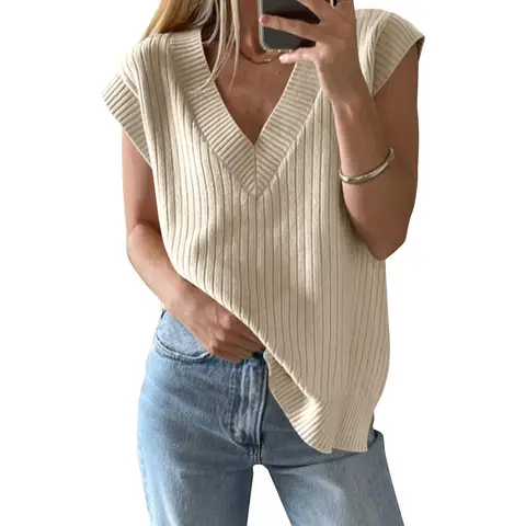 Women's V Neck Sweater Oversized Vest Sleeveless Lightweight Summer Sweater Elegant (beige, L)