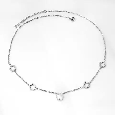 Silver Tone Flower and Mother of Pearl Necklace, 4 Hollow Blossom Charms