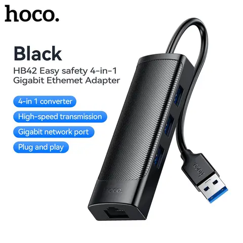 HOCO HB42 4-in-1 USB Gigabit Ethernet Adapter (USB 3.0*3/ RJ45 LAN) Aluminium Hub – 0.2M – Black