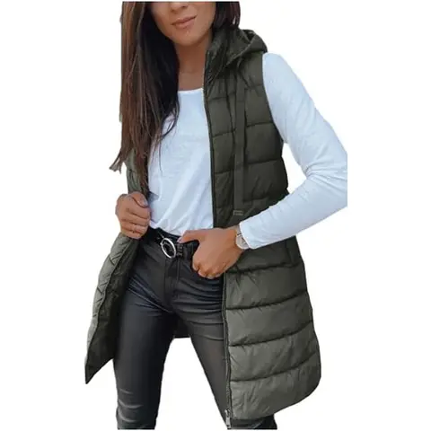 Women Long Vest Solid Color Sleeveless Hood Winter Puffer Vest Outwear (ArmyGreen, S)