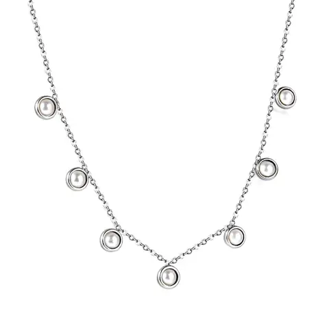 Silver Tone Stainless Steel Station Necklace with White Pearls, 40+5cm Geometric Pearl Choker