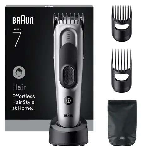 Braun Hair Clipper Series 7, +5 Styling Tools, Lifetime Sharp Blade, 17 Lengths, HC7590, Grey