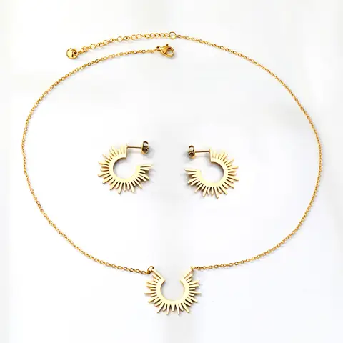 18K PVD Gold Stainless Steel Sunburst Jewelry Set, Radiant Sunshine Necklace and Earrings