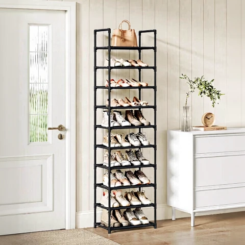SONGMICS Étagère à chaussures à 10 niveaux, structure en métal tissu non tissé  noir 45 x 28 x 173 cm