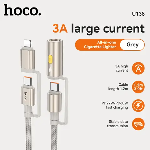 HOCO U138 All-in-one Cable - USB-C/ Lightning to USB-C with Cigarette Lighter - Grey