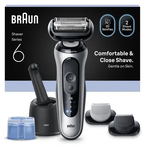 Braun Series 6 62-S7650cc Wet & Dry Electric Shaver for Men, Up to 60 min, 4in1 SmartCare Center, +2 Attachments, Cordless, Waterproof, Silver