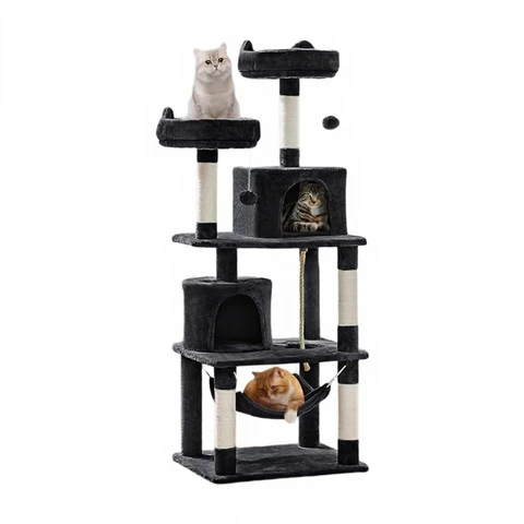 Yaheetech XXL Kratzbaum mit 2 Katzenhäusern 2 Plattformen Hellgrau 145 cm