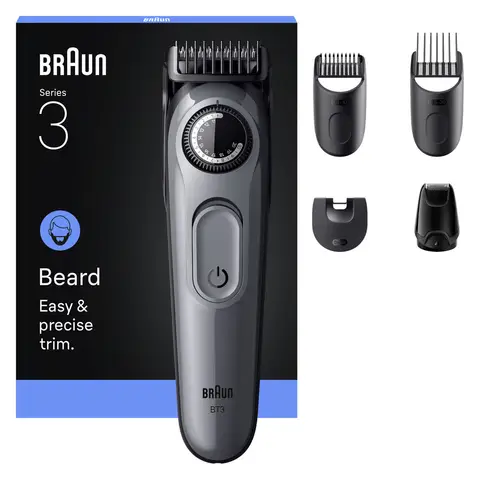 Braun Beard Trimmer Series 3, +5 Styling Tools, 40 Lengths, Sharp Blade, BT3560, Grey