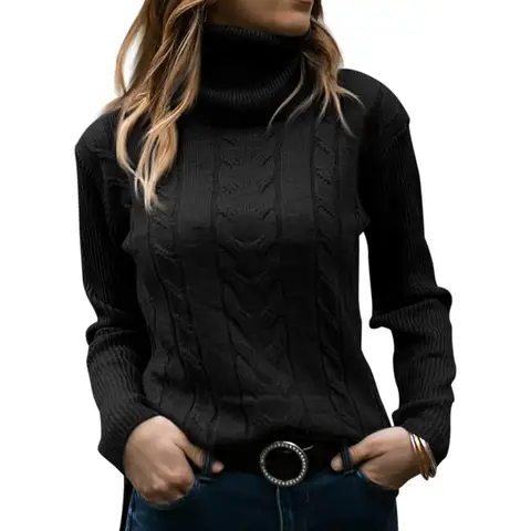 Women Turtleneck Sweater Long Sleeve Soft Cable Knit Winter Pullover (Black, XL)