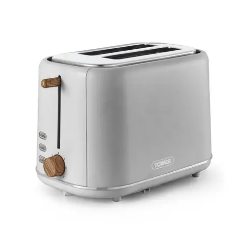 Tower Scandi 2 Slice Toaster, Adjustable Browning Control, Wide Slots, 800W, Dove Grey & Wood-Effect Accents - T20027GRY