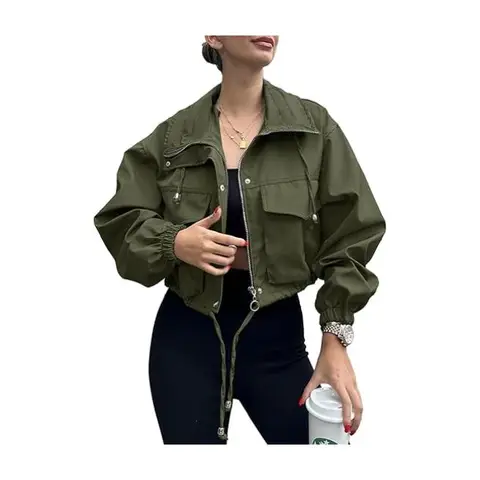Women's Cropped Jacket Zip Up Lightweight Oversized Utility Anorak Coat with Pockets (militarygreen, M)