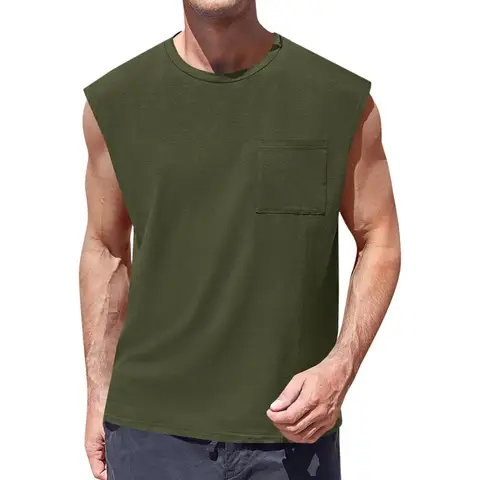 Men's Sleeveless Tank Tops Workout Cut Off Shirts MUSCLE Gym T Shirts with Pocket (militarygreen， 3XL)