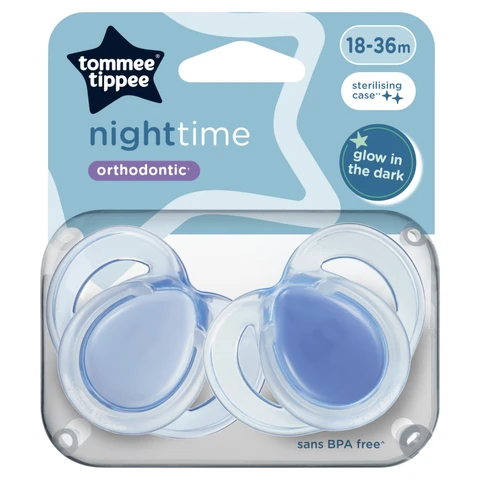 Tommee Tippee Nighttime Soothers with Steriliser Pod Glow in the Dark 18-36 Months 2 Pack Assorted