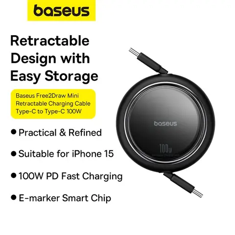Baseus Free2Draw Mini Retractable Charging Cable Type-C to Type-C 100W 1m Cluster Black