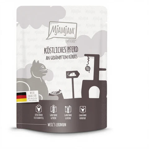 MjAMjAM - Aliment pour chat - Quetschie - Cheval savoureux avec potiron cuit à la vapeur - 300 g x 6