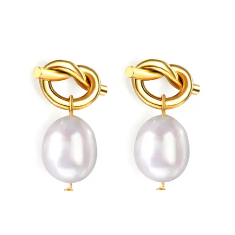 Gold Tone Knot Design Earrings with Freshwater Pearl Dangle, Nautical Rope Knot Studs