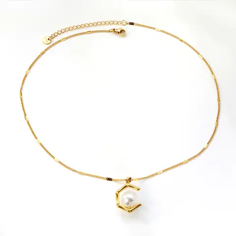 Open Pentagon 18K Gold Plated White Pearl 40cm Necklace