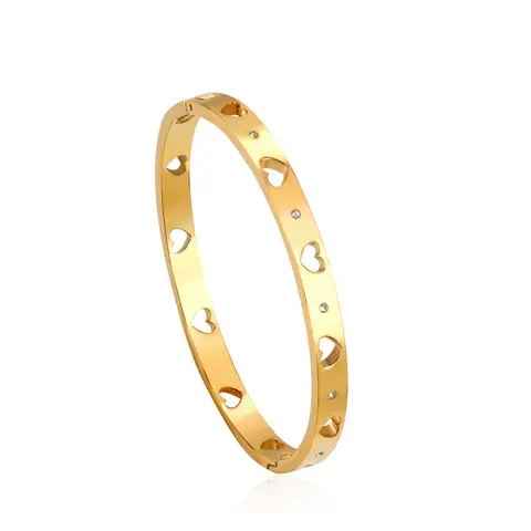 18K Gold Plated Stainless Steel Bangle for Women, Inlaid Round Cubic Zirconia Stones, Classic Luxury Cuff Bracelet