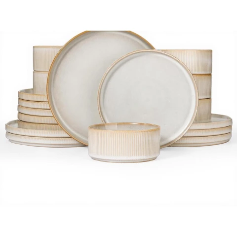 Richmount Starlight Serie Geschirr-Set - 18-teilig für 6 Personen, Keramik, mit Teller, Vorspeisenteller und Müslischalen, spülmaschinen- und mikrowellensicher, Cappuccino-Weiß