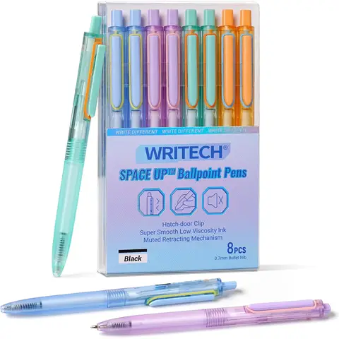WRITECH Ballpoint Pens Black Ink: 0.7mm Fine Point Retractable 8ct Pastel Color Ultra Smooth Writing Low Viscosity Ink Space Up Ballpoint Pen Silent Click