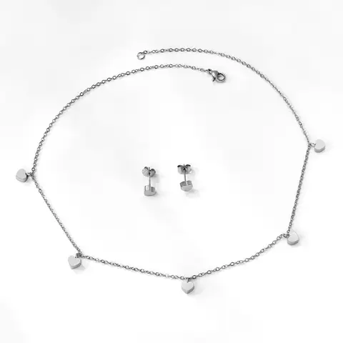 Silver Tone Heart Jewelry Set, Minimalist Stainless Steel Heart Necklace and Stud Earrings