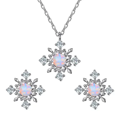 Ever Faith Snowflake Necklace and Earrings Set with Opal and Cubic Zirconia Round Gemstone Design