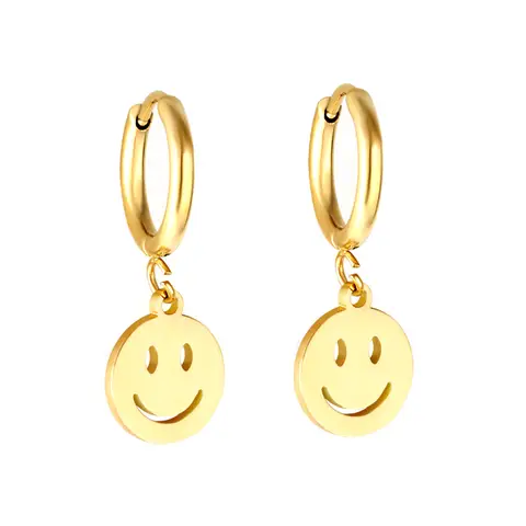 18K Gold Plated Smiley Face Charm Hoop Earrings, Stainless Steel Happy Face Dangle Huggies