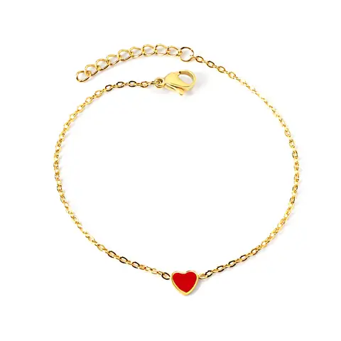 Red Heart Charm Bracelet, 18K PVD Gold Plated Stainless Steel, 17+3cm