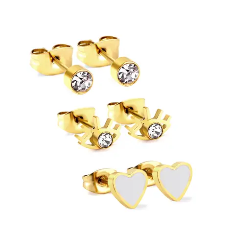 3-Pair Set Heart & Starburst Crystal Stud Earrings, 18k PVD Gold Plated Stainless Steel Dainty Jewelry Set