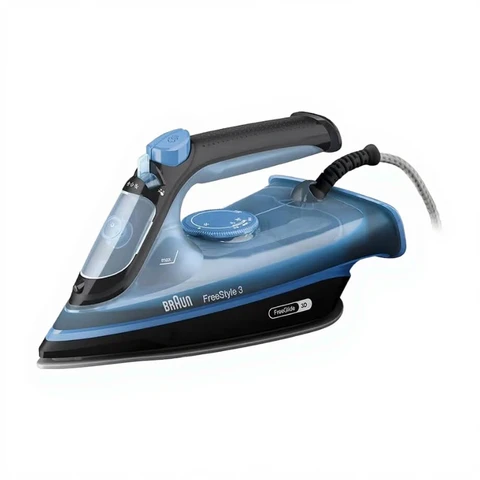 Braun FreeStyle 3 Steam Iron FI 3194 BK with 2,400 watts, 200 g/min steam boost, 270 ml water tank, SuperCeramic soleplate coating, FreeGlide 3D technology, 35 seconds heat-up time, automatic safety shut-off.