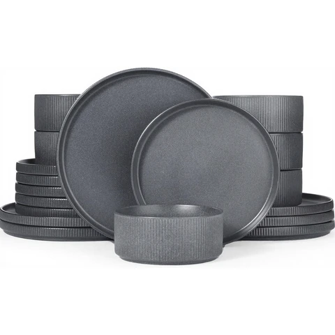 Richmount Starlight Serie Geschirr-Set  - 18-teilig， für 6 Personen， Keramik， mit Servierplatten， Salattellern und Müslischalen， spülmaschinen- und mikrowellengeeignet， matt dunkelgrau