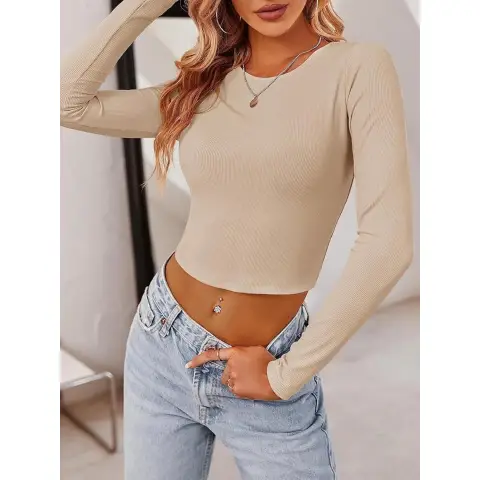 Women Crop Tops Long Sleeve Ribbed Slim Fit Workout Cropped Tee Y2K Short T-Shirts (apricot, M)