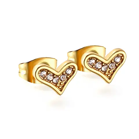 Gold Plated Asymmetrical Heart Stud Earrings – Crystal Paved Crooked Heart Design, Sparkle Love Jewelry