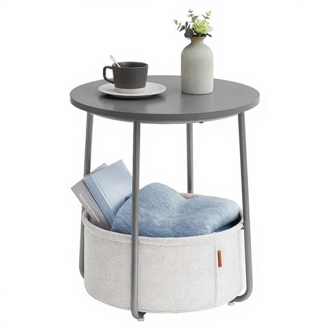 VASAGLE Ronde Side Table met Stoffen Mand Modern Stijl Woonkamer Slaapkamer Nachttafel Cementgrijs Cloudwit