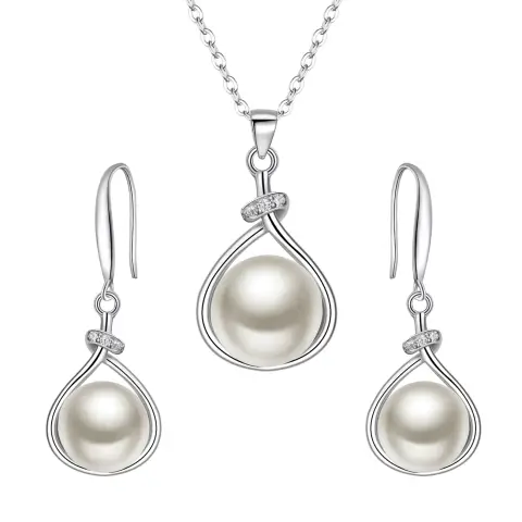 Ever Faith Cubic Zirconia and Freshwater Pearl Single Row Pendant Necklace and Dangle Hook Earrings Set