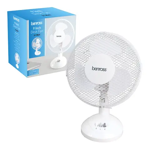 Benross 9-Inch Desk Fan – 3 Speed Settings, Rotary Dial Control, Tilt Adjustment – White, 43910