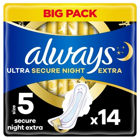 Always Ultra Sanitary Towels Secure Night Extra Size 5 Wings 14 Pads