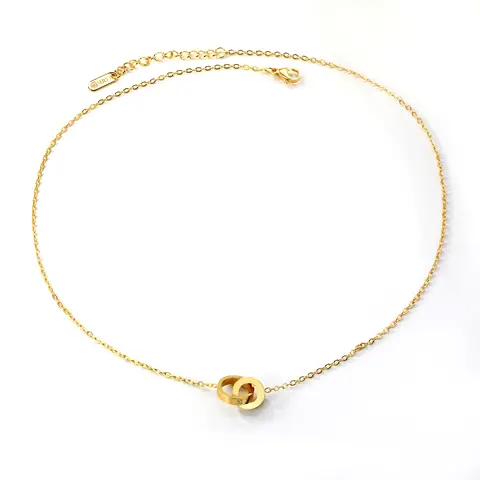 18K PVD Gold Stainless Steel Interlocking Double Circle Necklace, Roman Numeral Pendant with CZ