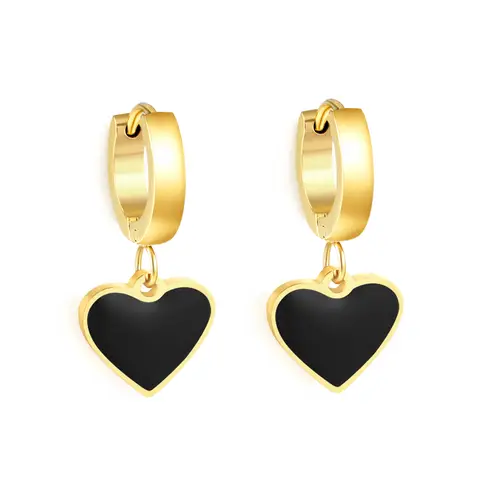Gold Tone Black Enamel Heart Charm Hoop Earrings, 12.6mm Stainless Steel Love Dangle Huggies
