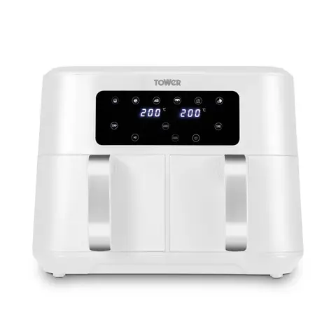 Tower T17137WHT Vortx Dual Basket Air Fryer with Two 4.25L Baskets, 2400W, White & Chrome