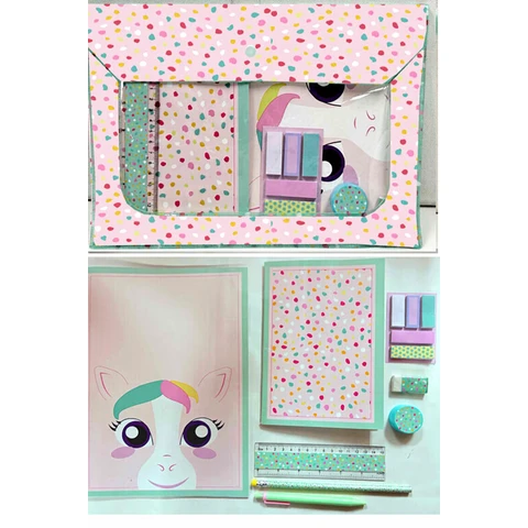 INPROB Eenhoorn Stationery Set - Roze, 9 stuks, 33 x 23 cm